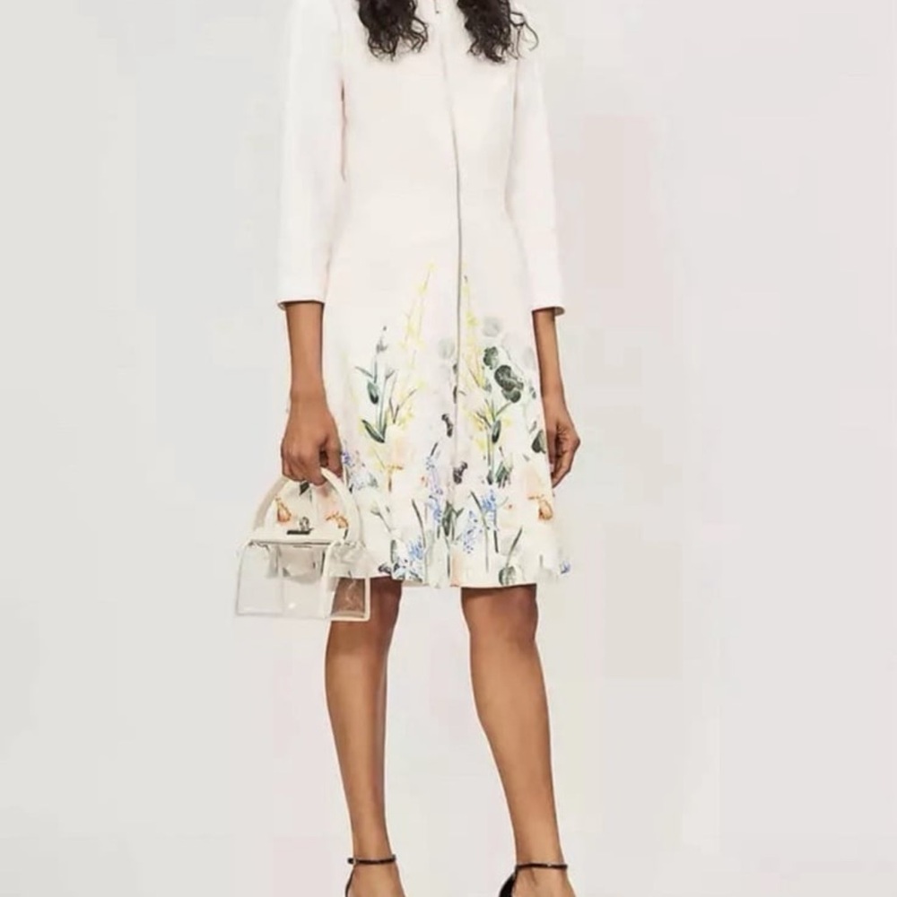 TED BAKER Elegance floral print fit&flare midi dress coat jacket wedding zip 0